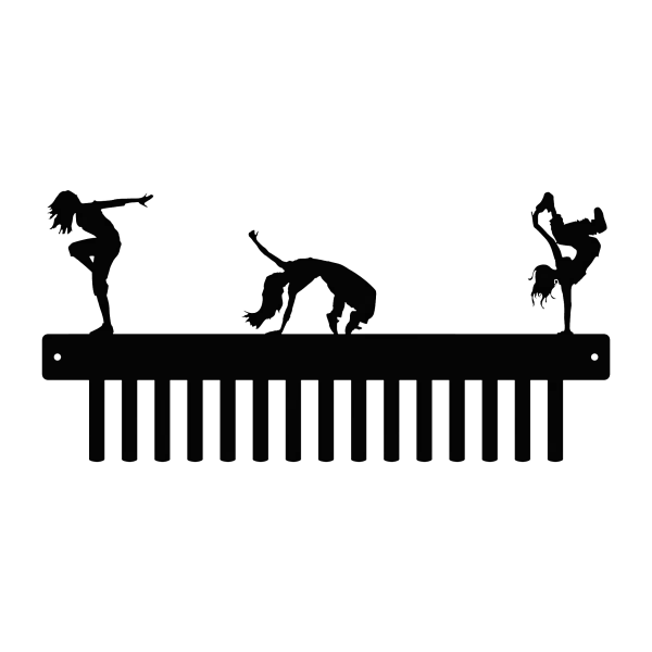 Black painted steel medal holder with silhouettes of three female hip hop dancers in various poses on top. The holder has 15 hooks for hanging medals.